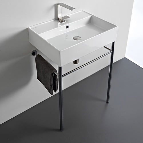 Rectangular Ceramic Console Sink and Polished Chrome Stand, 24